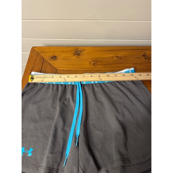 Under Armour Women's Gray Athletic Shorts Blue Waistband Drawstring Size Medium - Picture 3 of 7
